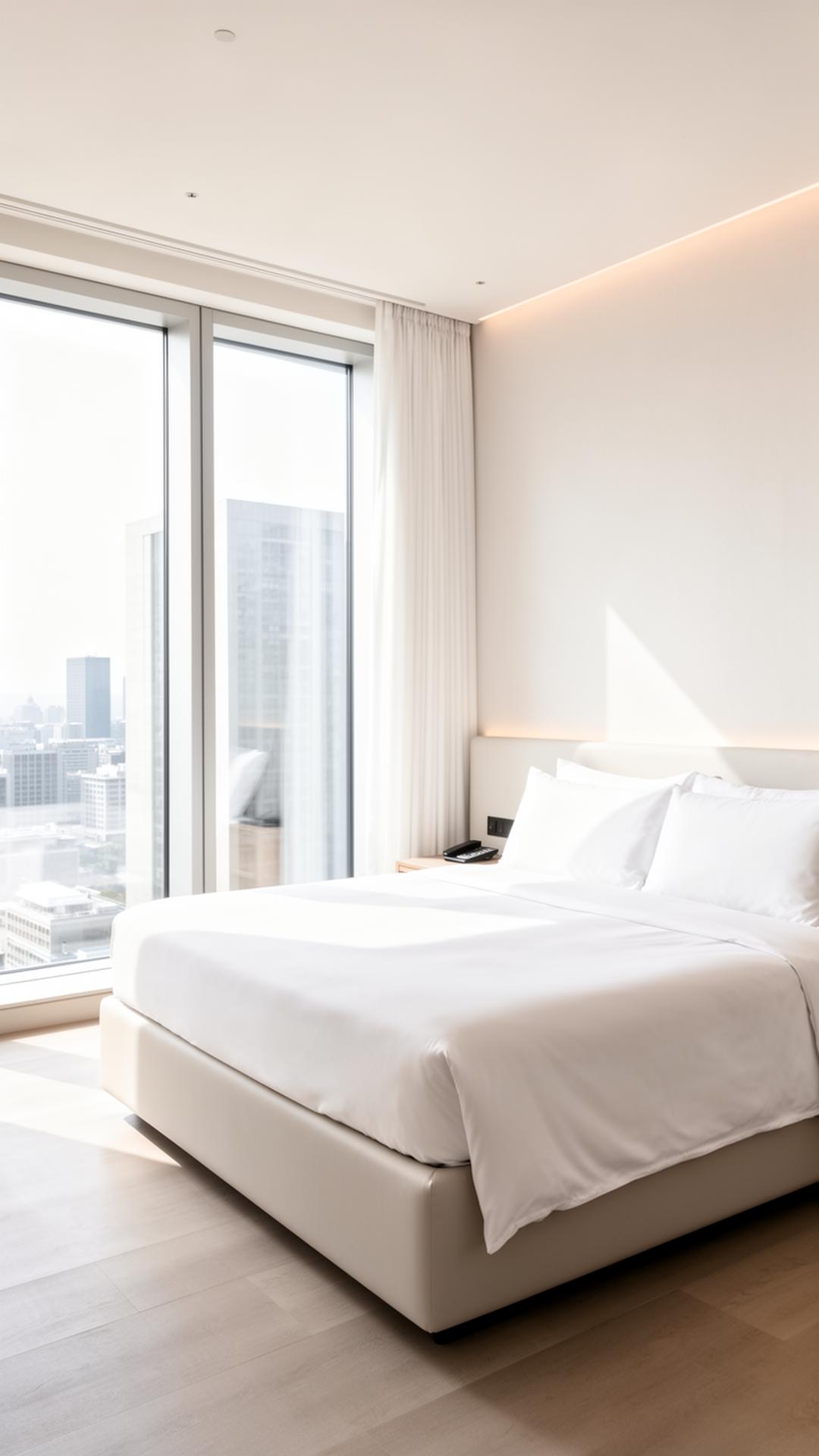 Stralend schone, lichte hotelkamer met grote ramen
